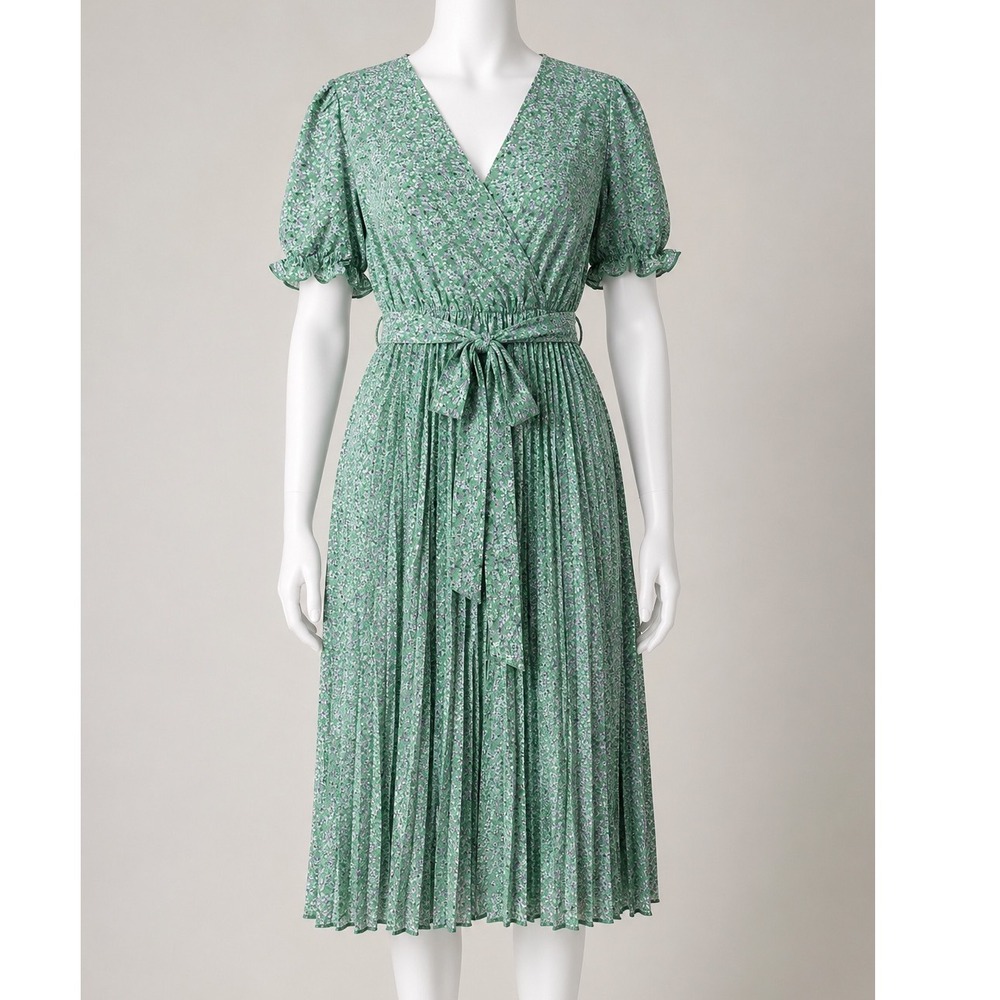 Fashion Floral Pleated Midi Dress Green Purple‎ Ditsy Puff Sleeve V-Neck Size M